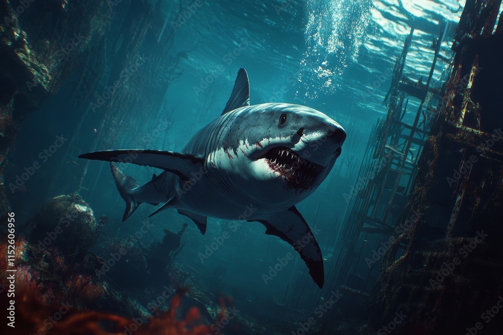 Fototapeta premium Great White Shark Swimming Near Sunken Shipwreck