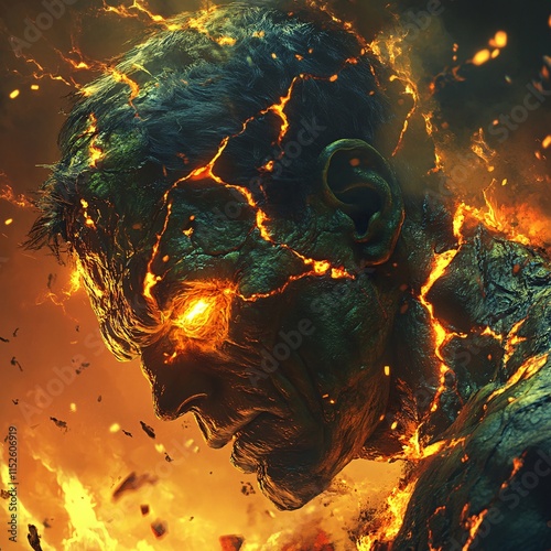 Frankenstein-inspired monster fused with lava cracks and glowing molten bolts