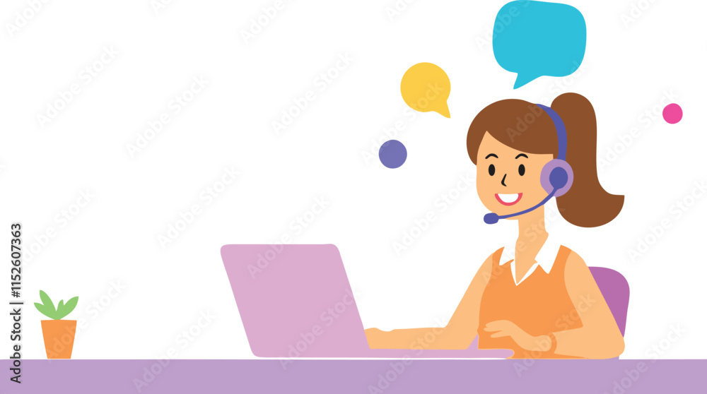 A flat vector illustration of a cheerful customer support agent sitting at a desk with a laptop, wearing a headset with a microphone and bubble text A flat vector illustration of a cheerful customer support agent sitting at a desk with a laptop, wearing a headset with a microphone and bubble text