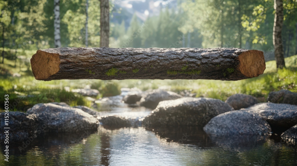 Fototapeta premium A forest log levitates above a tranquil stream