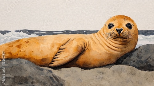 Adorable young seal resting on rocks near ocean waves. photo