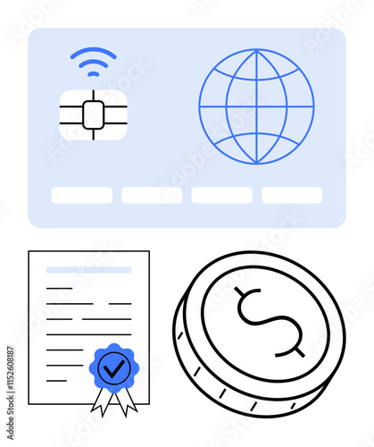 Credit card with chip and globe icons, certified document with blue seal, and coin with dollar symbol. Ideal for finance, banking, certification, e-commerce, currency exchange, online transactions