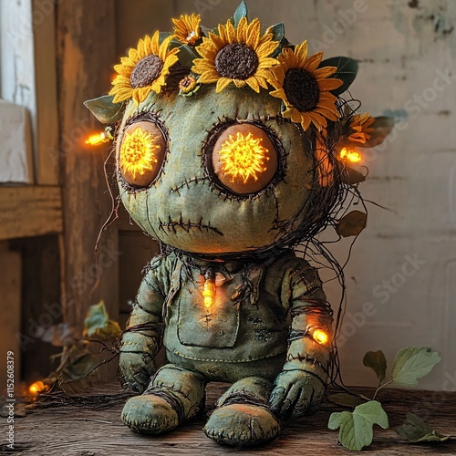 Frankenstein-inspired monster fused with a stitched sunflower crown and glowing garden bolts