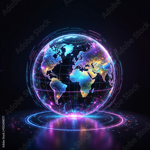 ホログラフィー,ネオンカラー、地球、立体、光、SF、デジタルアート、デジタル、科学、暗い背景、3D、holography,neon color,earth,3D,light,science fiction,digital art,digital,science,dark background,3D