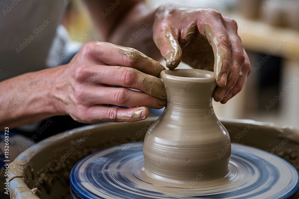pottery making process by potter, close-up view of hands making pottery crafts. pottery making process by potter, close-up view of hands making pottery crafts.