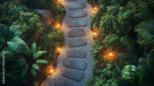 Illuminated Stone Pathway Through a Lush Tropical Garden