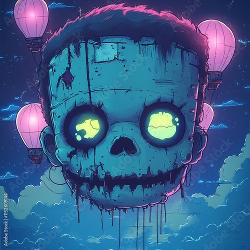 Kawaii Frankenstein's monster head with stitched hot air balloons and glowing sky blue bolts