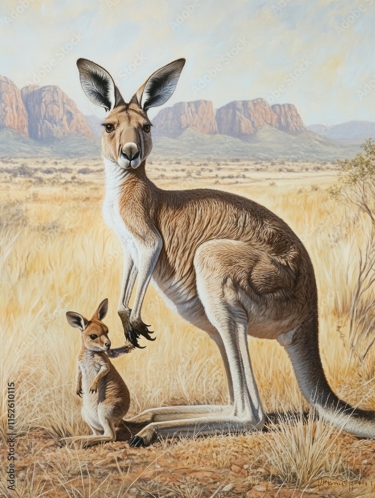 Red Kangaroo and Joey in Australian Outback Landscape Red Kangaroo and Joey in Australian Outback Landscape