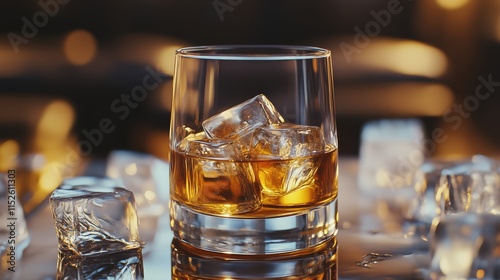 A close-up of a whiskey glass filled with ice cubes, reflecting warm tones, creating an inviting and luxurious atmosphere.