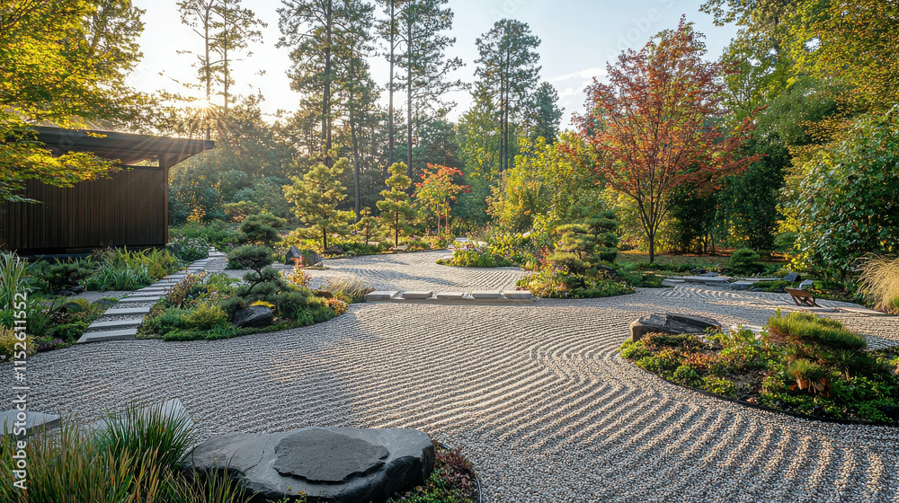 Obraz premium Tranquil Zen Garden with Raked Patterns and Lush Greenery in Natural Light
