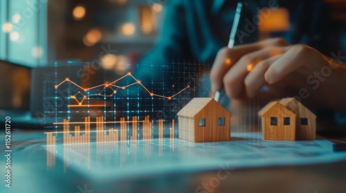 A person analyzes real estate data while drawing graphs and charts, with miniature house models on the table, indicating property market trends.