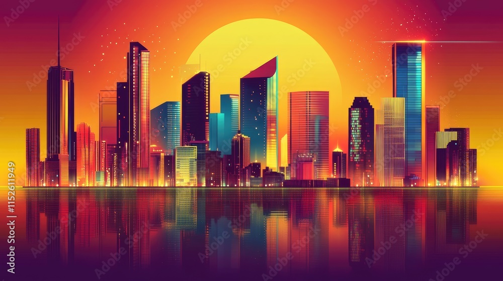 Fototapeta premium Sunset Cityscape: Vibrant Metropolis Skyline Reflected in Calm Waters