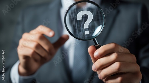 A person in a suit holds a magnifying glass with a question mark, symbolizing inquiry, investigation, or curiosity.