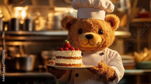 A teddy bear chef proudly presents a delicious strawberry cake photo