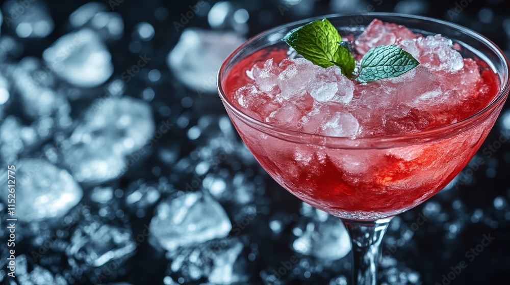 A vibrant cocktail garnished with mint, served in a glass over crushed ice, set against a dark, icy background. A vibrant cocktail garnished with mint, served in a glass over crushed ice, set against a dark, icy background.