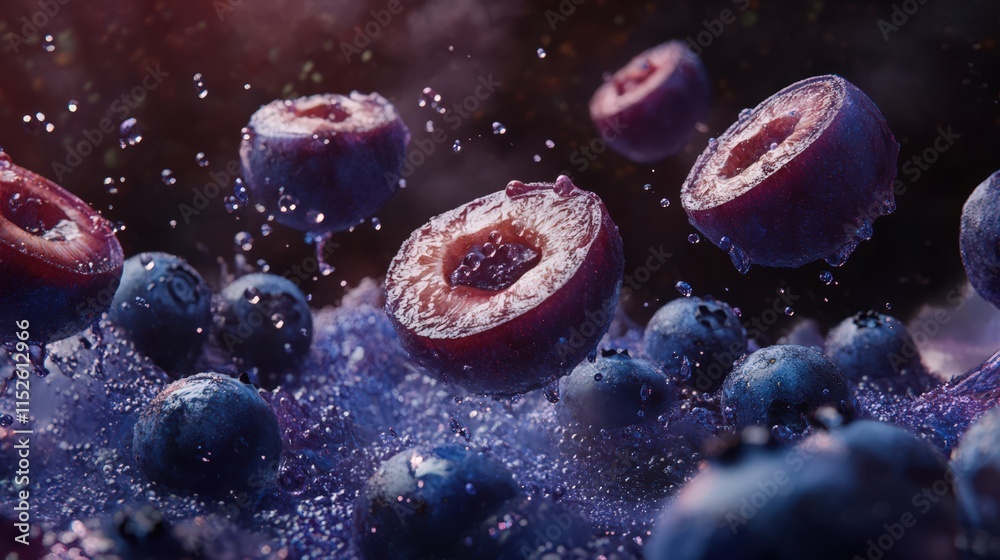 Naklejka premium Blueberries in motion splashing vibrant blue juice