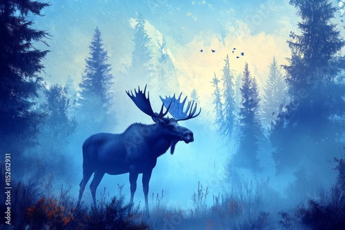 Majestic Moose in a Blue Winter Forest Landscape photo