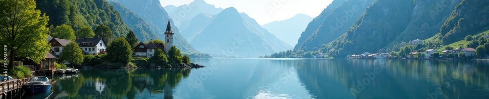 Obraz premium Glistening Lake Mondsee, traditional houses, stunning view , clear, unforgettable, lovely