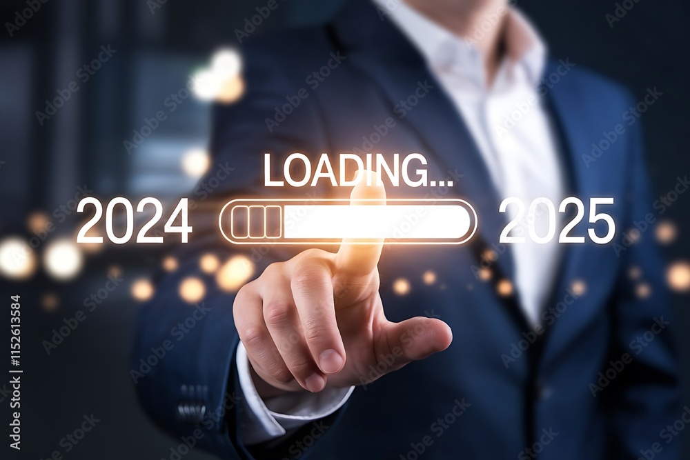 A futuristic concept illustrating the transition from 2024 to 2025. A hand pointing at a glowing progress bar that reads 'Loading...'. A futuristic concept illustrating the transition from 2024 to 2025. A hand pointing at a glowing progress bar that reads 'Loading...'.
