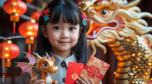 A young girl with bright, curious brown eyes and silky black hair adorned with tiny, colorful Chinese lantern clips, stands with a gentle smile, holding a small, intricately detailed toy dragon with s photo