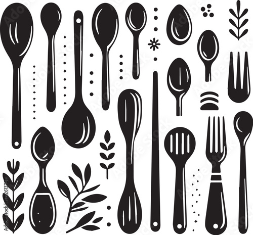 Wooden Spoon Silhouette line art vector illustration on white background