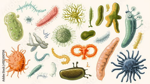 Microbes with unique characteristics, such as bacteria, archaea, and protozoa, are illustrated in detail. Archaea. Illustration