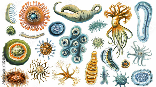 Microbes with unique characteristics, such as bacteria, archaea, and protozoa, are illustrated in detail. Archaea. Illustration
