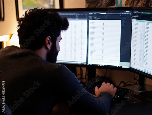 Programmer working on triple monitor setup photo