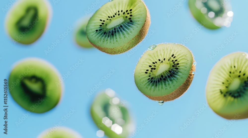 Fototapeta premium Slices of Kiwi Fruit Falling Against a Blue Sky