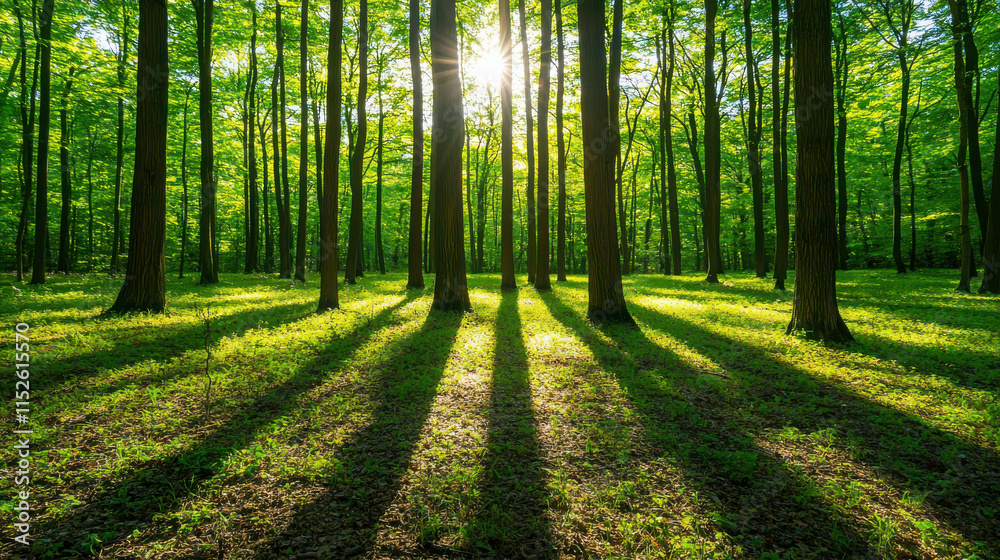 Naklejka premium Sunlight Filtering Through Dense Trees in Lush Green Forest Landscape