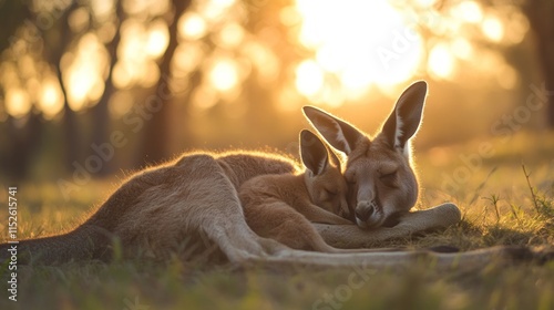 Mother kangaroo and joey resting together at sunset in grassy field.