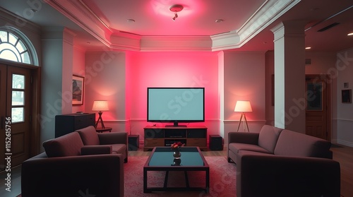 A modern living room features a sleek design with two sofas facing a large flat-screen TV. The ambient lighting is set to a soft red, creating a warm and inviting atmosphere. photo