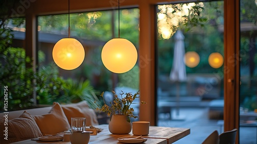 A set pendant lights shaped like glowing orbs hanging over a cozy breakfast nook photo