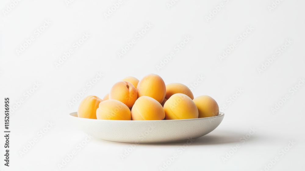 A neat bowl of golden apricots, soft yellow-orange tones accented with subtle hints of blush pink, elegantly presented on a pure white background. Hyperrealistic details of smooth fruit skin, minimali A neat bowl of golden apricots, soft yellow-orange tones accented with subtle hints of blush pink, elegantly presented on a pure white background. Hyperrealistic details of smooth fruit skin, minimali