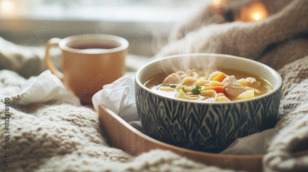 Cozy bedside scene featuring a steaming bowl of comforting chicken noodle soup, surrounded by tissues, a warm blanket, and a cup of tea. This traditional American meal represents care and healing Cozy bedside scene featuring a steaming bowl of comforting chicken noodle soup, surrounded by tissues, a warm blanket, and a cup of tea. This traditional American meal represents care and healing