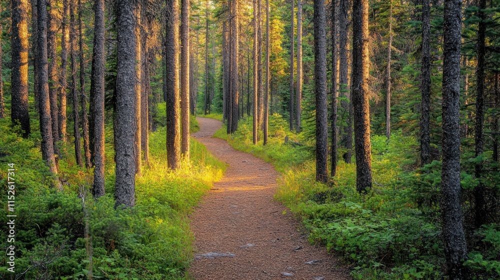 Obraz premium Sunlit path winding through a dense pine forest.