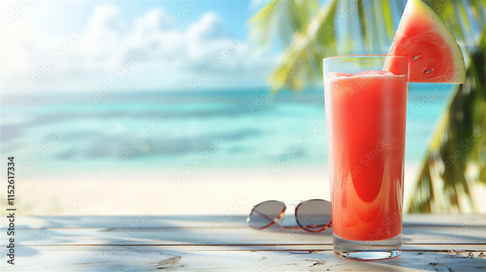 Obraz premium Watermelon juice in tropical beach, holiday time illustration version 3