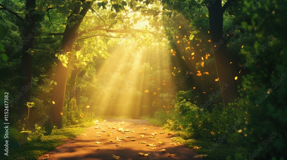 Fototapeta premium Sunbeams illuminate a path through a lush forest, leaves falling gently.