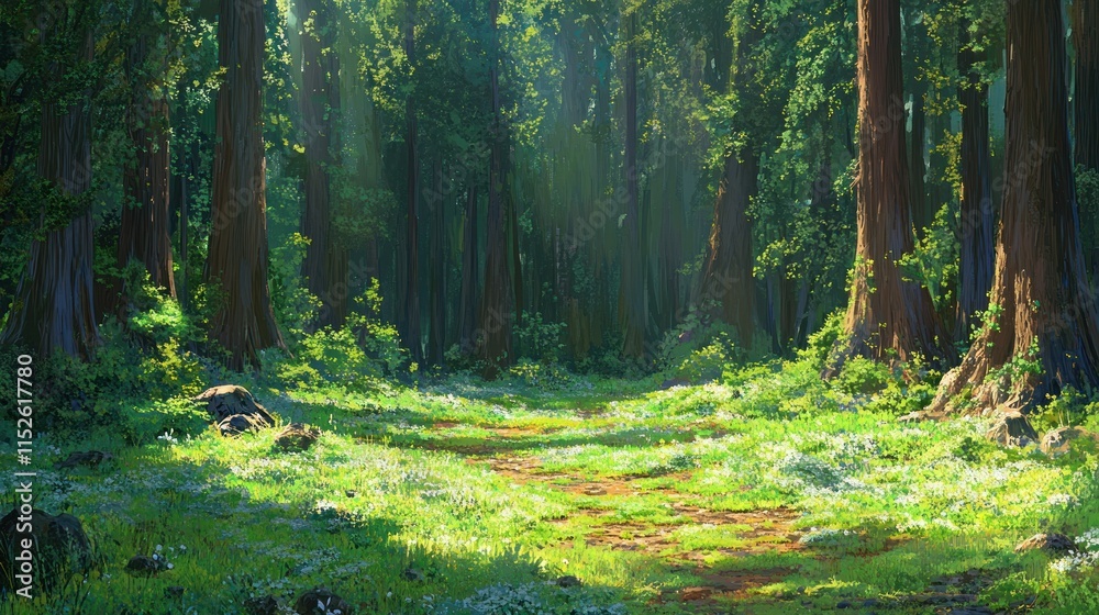 Sunlit path through a lush redwood forest with wildflowers. Sunlit path through a lush redwood forest with wildflowers.