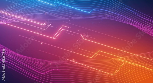 Abstract Technology: A vibrant abstract background featuring a captivating blend of neon blue and orange lines, swirling against a dark purple backdrop. Perfect for tech, innovation.