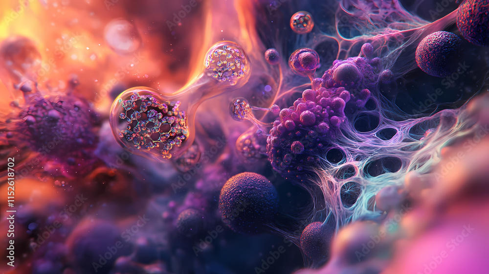Close-up view of a microbial structure, showcasing vibrant colors and intricate details in a cellular environment. Archaea. Illustration Close-up view of a microbial structure, showcasing vibrant colors and intricate details in a cellular environment. Archaea. Illustration