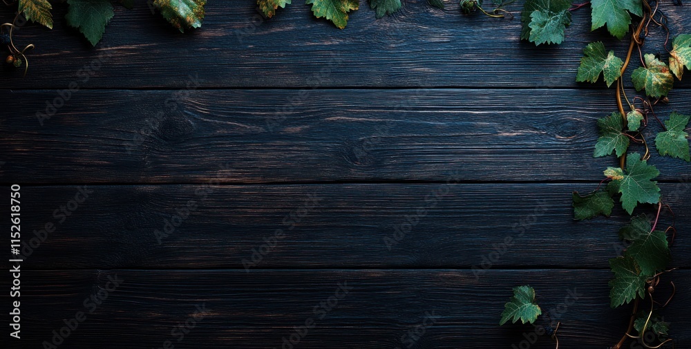 Dark wooden background decorated with green grape leaves, top view. Dark wooden background decorated with green grape leaves, top view.