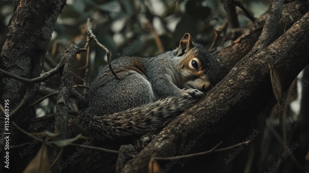 A gray squirrel sleeps soundly nestled amongst the dark, gnarled branches of a tree. A gray squirrel sleeps soundly nestled amongst the dark, gnarled branches of a tree.