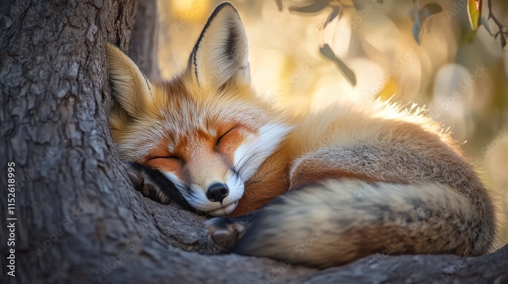 Fototapeta premium Red fox sleeping peacefully curled up against a tree trunk in sunlight.