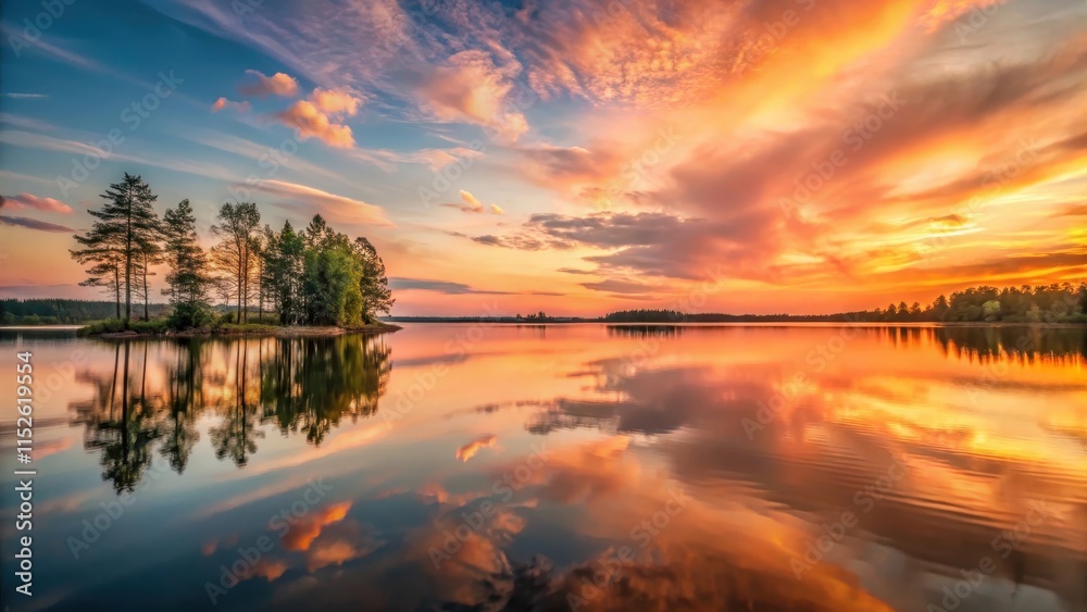 Fototapeta premium Serene Sunset Reflection on Calm Lake Waters, Island Silhouetted Against Vibrant Sky