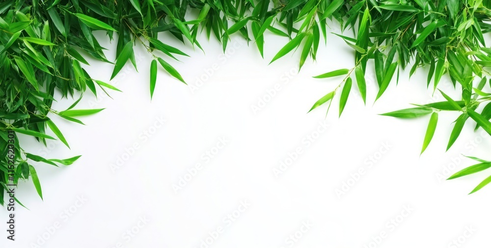 Lush green bamboo leaves frame a white background, ideal for text or design.