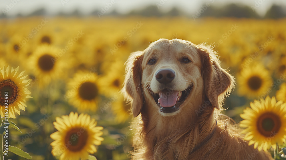 Portrait of happy joyful golden retriever dog in sunflower field. domestic pet animal on a meadow in summer outdoor nature, pedigree, sunny spring, smile. Portrait of happy joyful golden retriever dog in sunflower field. domestic pet animal on a meadow in summer outdoor nature, pedigree, sunny spring, smile.