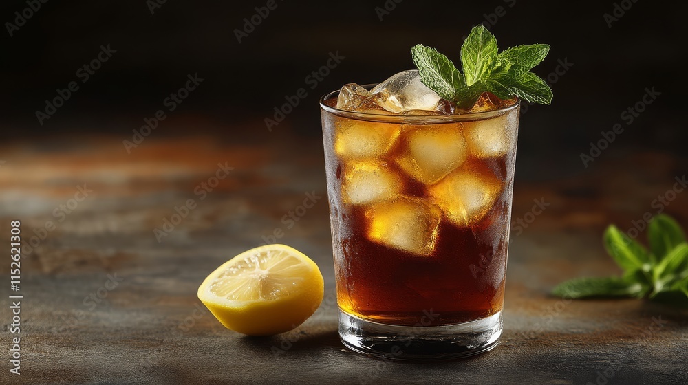A refreshing glass of iced tea with mint leaves and a lemon wedge, perfect for cooling off on a warm day. A refreshing glass of iced tea with mint leaves and a lemon wedge, perfect for cooling off on a warm day.
