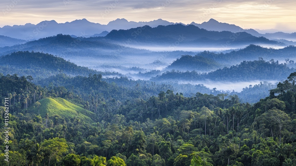 Obraz premium Misty sunrise over lush green mountain range and tropical rainforest.