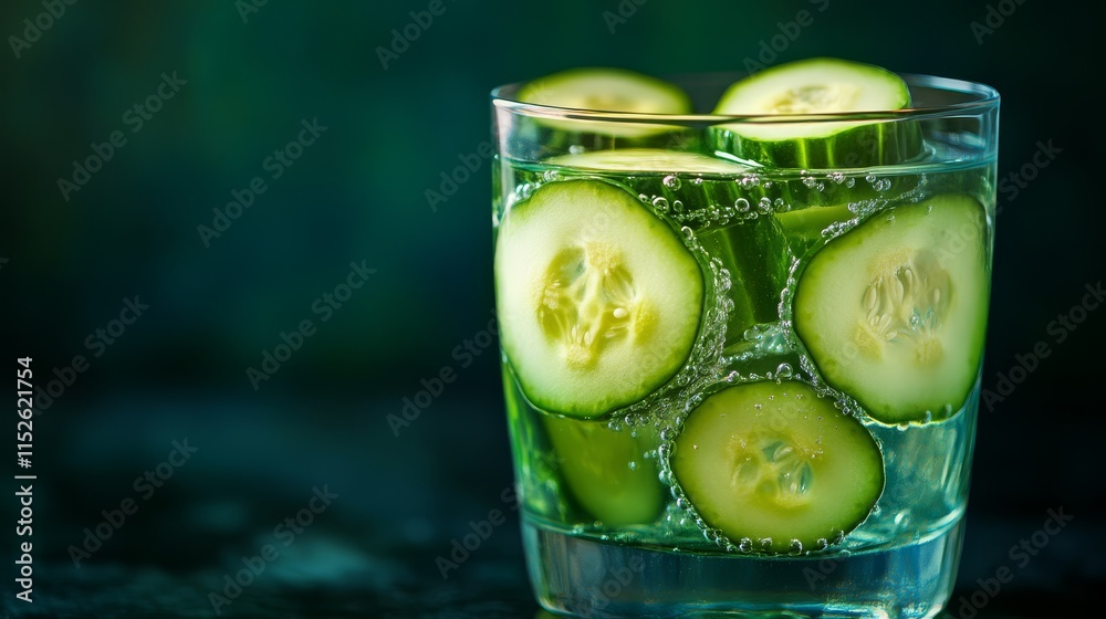 A refreshing glass of sparkling water with cucumber slices, set against a dark green background, highlighting a vibrant and healthy beverage choice. A refreshing glass of sparkling water with cucumber slices, set against a dark green background, highlighting a vibrant and healthy beverage choice.